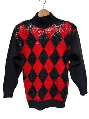 Vintage 1990 Sequin Argyle Angora Wool Turtleneck Sweater Small